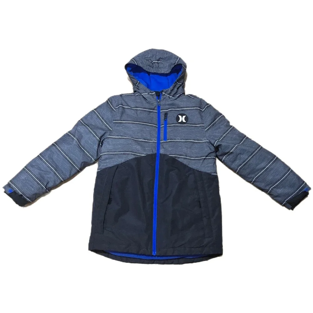 Hurley Boys Insulated Hooded Jacket‎ Gray Stripe Black Blue Size L